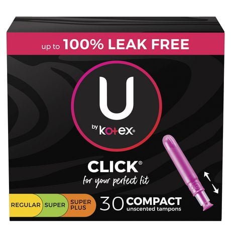 U by Kotex Click Compact Multipack Tampons, Regular/Super/Super Plus, Unscented, 30 Count