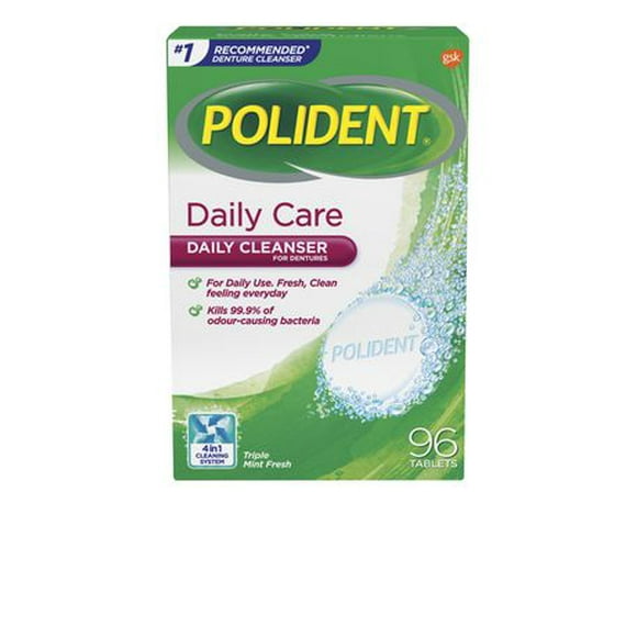 Polident Daily Care Denture Cleanser, 96 tabs Triple Mint Fresh