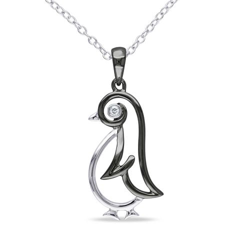 Pendentif Asteria en forme de pingouin avec diamant en argent sterling deux tons, 18"