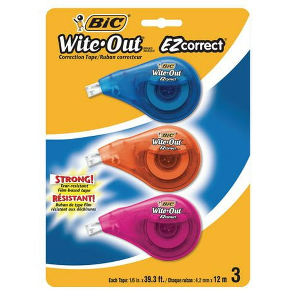 BIC Wite-Out Brand EZ Correct Correction Tape, White, 3-Count, Applies Dry for Instant Corrections, Pack of 3