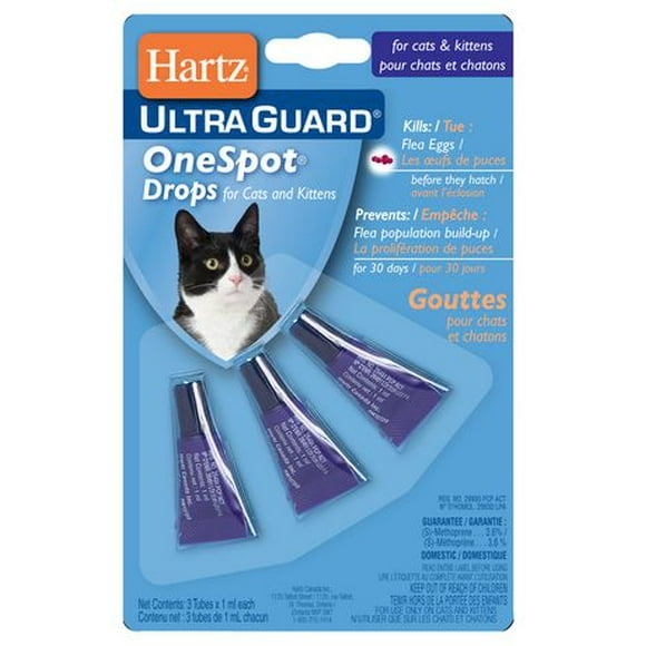 Hartz UltraGuard One Spot Drops pour chats et chatons Tue et empeche le developpement les oeufs de puces et les larves de puce. Ne pas utiliser sur les chatons de moins de 12 semaines