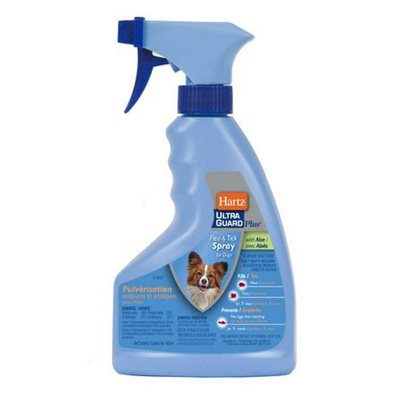 Hartz Ultraguard plus Flea & Tick Spray for Dogs, This spray contains aloe.  For use on puppies 12 weeks of age and older.