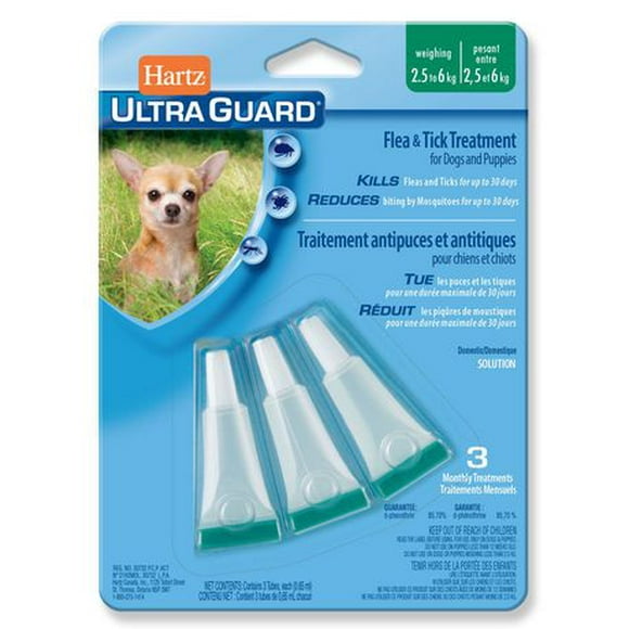 Hartz Ultraguard Flea & Tick Treatment for Dogs And Puppies 2.5 to 6 Kg, Each package contains 3 tubes, usage 1 tube per month.  Do not use on dogs under 12 weeks of age.