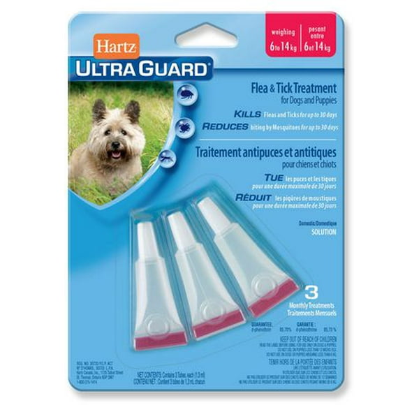 Hartz UltraGuard Traitement antipuces et antitiques pour chiens et chiots Chaque paquet contient trois tubes, utilisation 1 tube par mois.  Ne pas utiliser sur les chiens de moins de 12 semaines d'age.