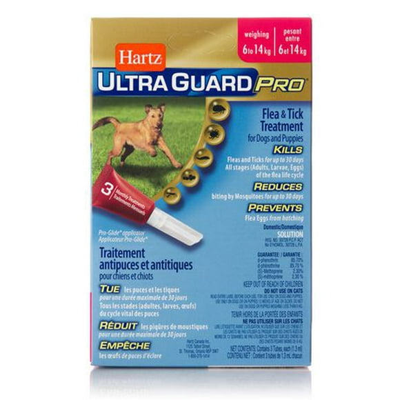 Hartz Ultraguard plus Flea & Tick Treatment for Dogs And Puppies 6 to 14 Kg, Each package contains 3 tubes, usage 1 tube per month.  Do not use on dogs under 12 weeks of age.