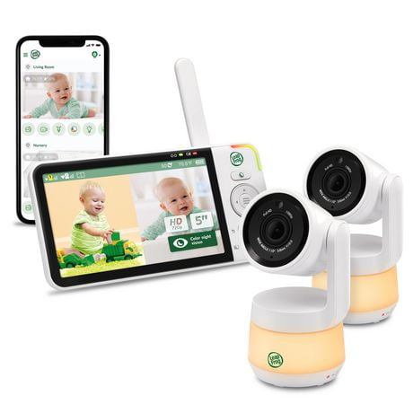 LeapFrog LF925-2HD, Moniteur de bébé Wi-Fi 1080p panoramique à 360 degrés et inclinaison à 2 camér affichage haute définition 720p de 5 po, veilleuse, vision nocturne couleur, (Blanc)