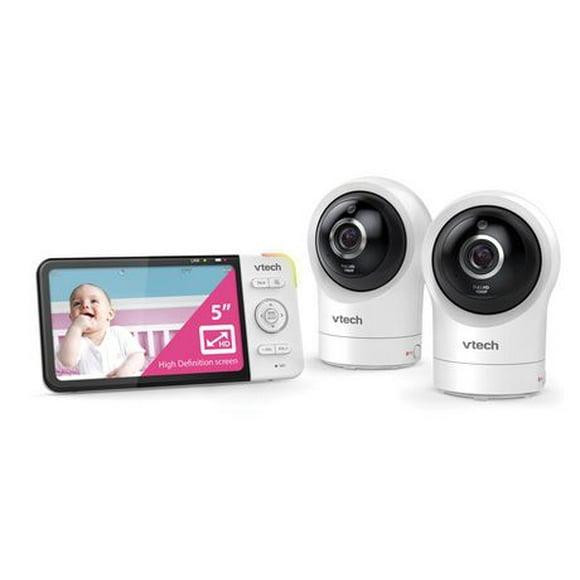 VTech Le moniteur vidéo Wi-Fi intelligent pour bébé avec écran de 5 po et caméra panoramique 1080p HD et inclinaison à 360 degrés, blanc RM5764-2HD RM5764-2HD