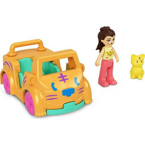 Polly Pocket Micro Doll with Tiger-Themed Die-cast Car and Mini Pet, Travel Toys