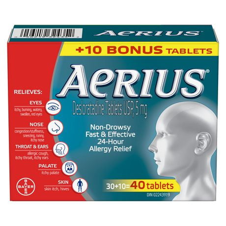 Aerius Allergy Medicine - 24 Hour Non-Drowsy Allergy Medication, Desloratadine Antihistamine Pills For Allergy Relief, 30+10 Tablets