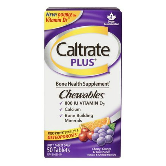 Caltrate plus Chewable Bone Health Supplement, 50 Tablets, Cherry, Orange & Fruit Punch