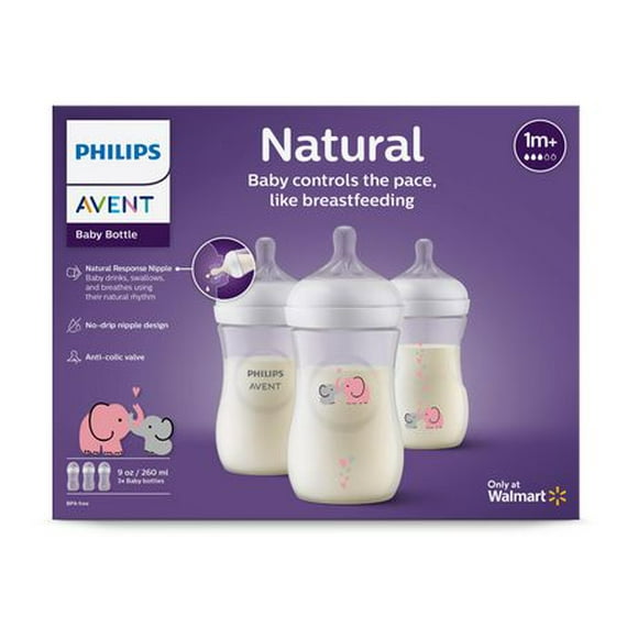 Philips Avent Natural Baby Bottle With Natural Response Nipple, With Blue Elephant Design, 9oz, 3 pack, SCY903/63, Avent Deco Bottle 9oz 3pk