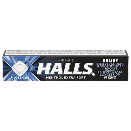 HALLS No Sugar Added Extra Strong, Cough Drops, Throat Lozenges, Sore Throat Relief, 9 Lozenges