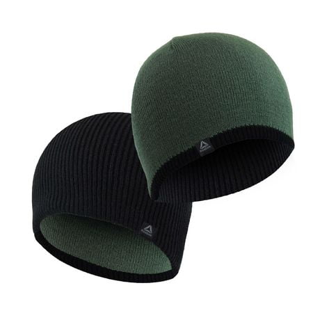 Men's Reebok reversible, black/duck green, 100% acrylic, 1 x1 rib knit beanie.