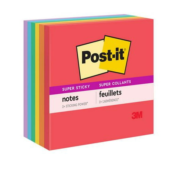 Post-it® Super Sticky Notes 654-6SSAN2, Playful Primaries, 3 in x 3 in (76 mm x 76 mm), Super Sticky Notes