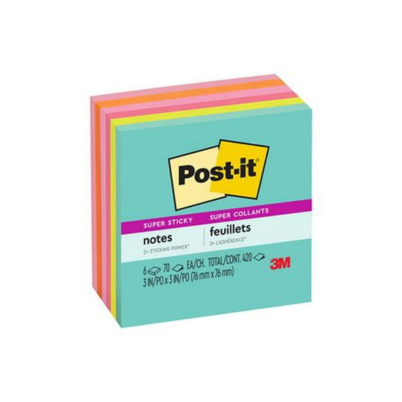 Post-it® Super Sticky Notes 654-6SSMIA70, Supernova Neons, 3 in x 3 in (76 mm x 76 mm), Super Sticky Notes