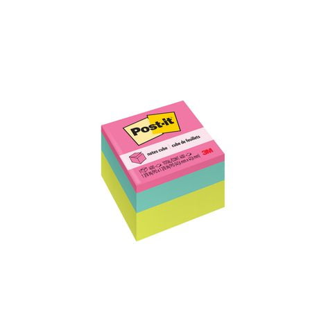 Cube de feuillets Post-it® 2051-BRT, couleurs vives, rose puissante, vague bleue, vert aigre, 1 7/8 po x 1 7/8 po Cube de feuillets