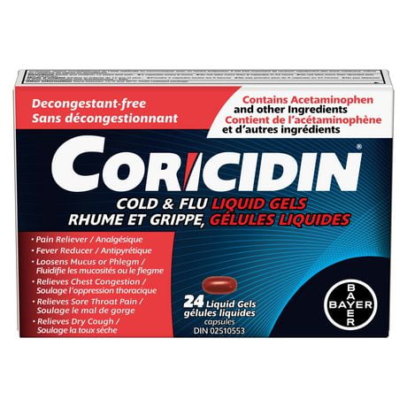 Coricidin Decongestant Free Cough and Cold Medicine – Effective Symptom Relief From Sore Throat, Cough, Chest Congestion, Fever, and Headaches, 24 Liquid Gels