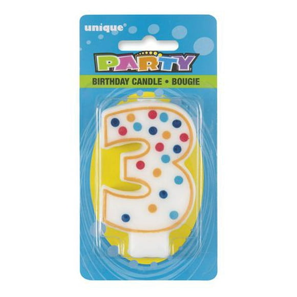 Polka Dot Number "3" Birthday Candle, Each candle measures 2" x 3" (width x height)
