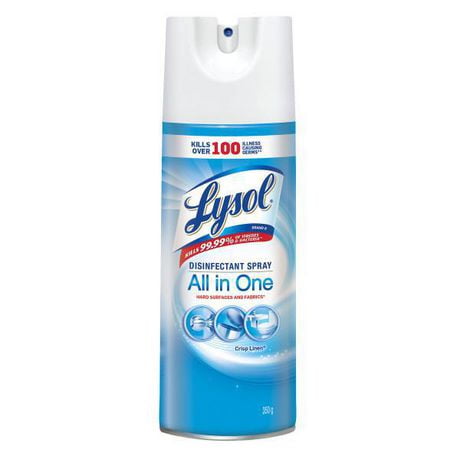 Lysol Disinfectant Spray, Crisp Linen, Disinfect and Eliminate Odours on Hard Surfaces & Fabrics, 350g
