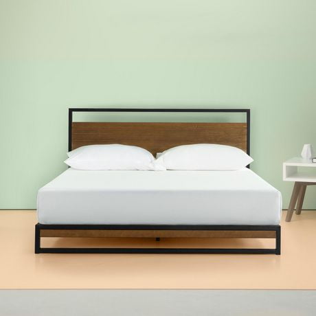 Zinus Suzanne Metal And Wood Platform Bed Frame / Solid Wood & Steel Construction / No Box Spring Needed / Wood Slat Sup Brown King