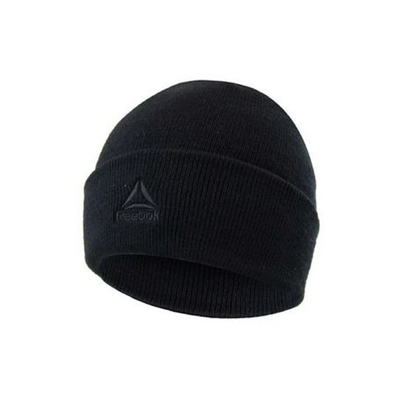 Ladies Reebok Beanie made with 100% acrylic with stretchable flat knit hat has a soft hand feel and faux leather inverted Reebok logo. One size fit, Ladies Reebok flat knit beanie