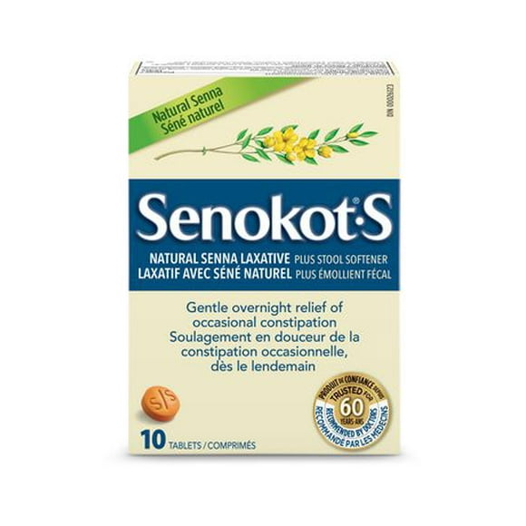 Comprimés laxative avec séné naturel plus émollient fécal de Senokot•S 10 tablets Séné naturel aux effets laxatifs + émollient fécal                                          10 unités