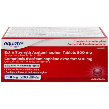Equate Comprimés d’acétaminophène extra fort 500 mg, Comprimés faciles 200 Comprimés USP d’acétaminophène