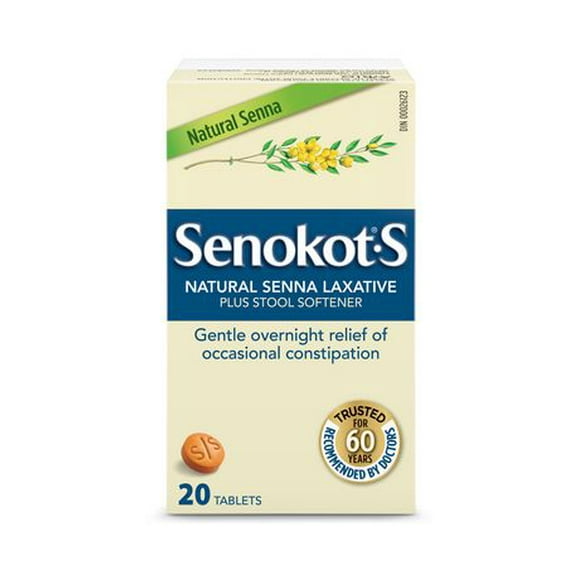 Comprimés laxative avec séné naturel plus émollient fécal de Senokot•S 20 Tablets Séné naturel aux effets laxatifs + émollient fécal                                          20 unités