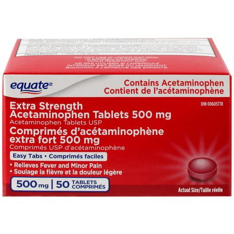 EQuate Comprimés d’acétaminophène extra fort 500 mg, Comprimés faciles 50 Comprimés faciles