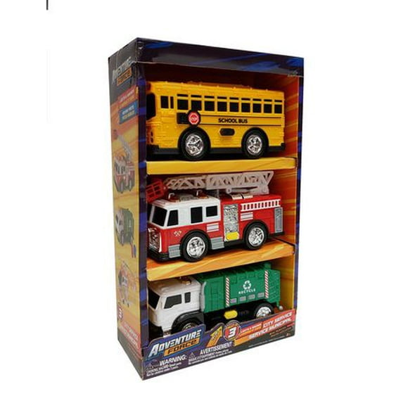 City Service Mini Vehicles, 3 Pack of School Bus/Fire Truck/Recycling Truck, Lights & Sounds