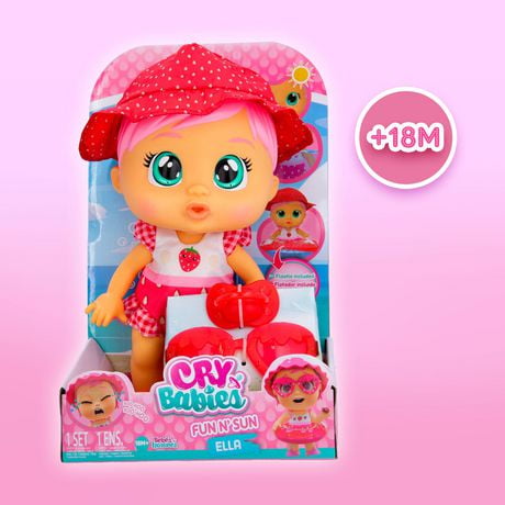 Cry Babies - Poupée Fun 'N Sun Ella de 10 pouces avec maillot de bain à motifs de fraises et 6 accessoires - Pour les enfants à partir de 18 mois