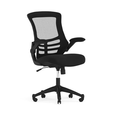 Chaise de travail pivotante noire Flash Furniture à dossier mi-dos en filet avec accoudoirs rabattables