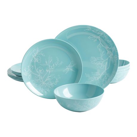 Martha Stewart Dragonfly Teal 12-Piece Melamine Dinnerware Set