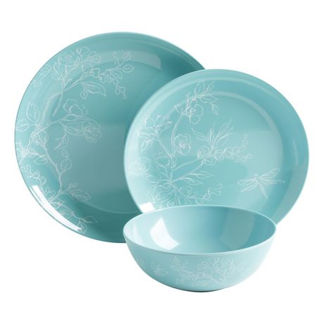 Martha Stewart Dragonfly Teal 12-Piece Melamine Dinnerware Set