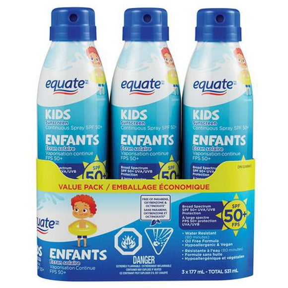 Equate Kids SPF 50+ Continuous Spray Sunscreen, 3 x 177mL