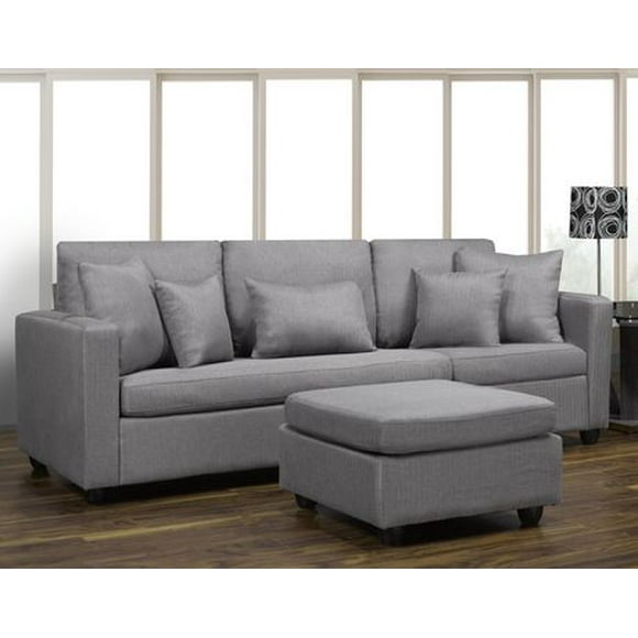 K-Living Barcelona Grey Linen Sofa with Movable Ottoman-Convertible to Reversible Sectional