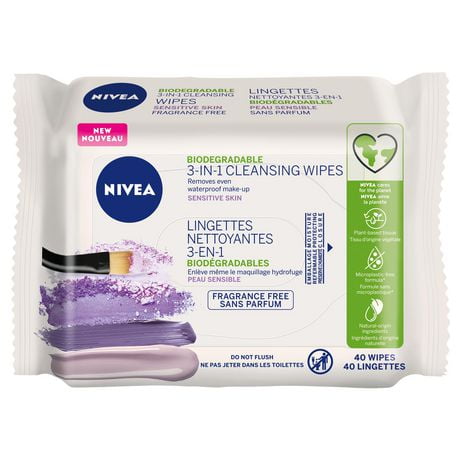 NIVEA 3-in-1 Biodegradable Sensitive Skin Cleansing Wipes, 40 Wipes