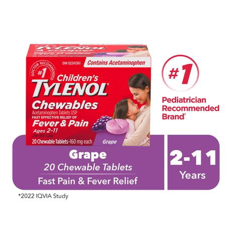Tylenol Médicament pour enfants; soulage fièvre et douleur, comprimés à croquer d’acétaminophène à 160 mg, raisin, 20 comprimés 20 Comprimés