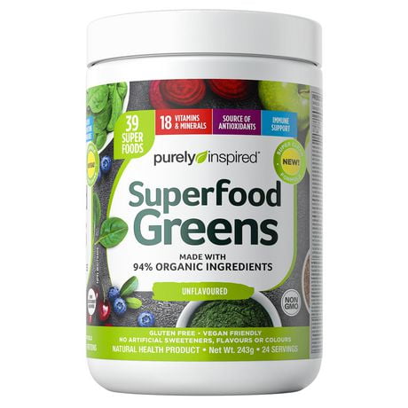 Purely Inspired Greens Powder Superfood | Super Greens Powder Organic | Fruit + Veggie Superfood Powder | Green Smoothie Powder, 24 Servings, 243 g, 24 Servings
