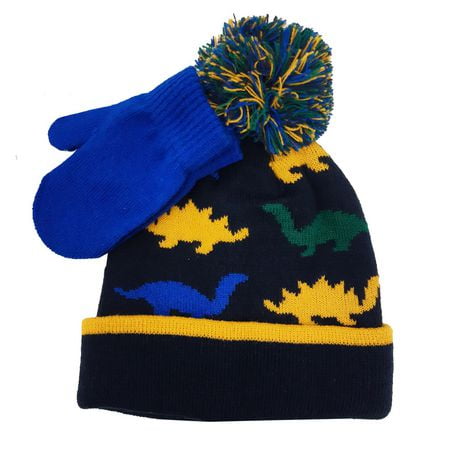 Jacquard all over dino cuffed beanie with pom & magic mitten | Walmart ...