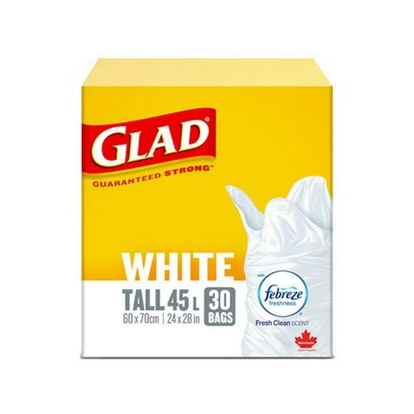 Glad White Garbage Bags - Tall 45 Litres - Febreze Fresh Clean Scent, 30 Trash Bags, Box of 30 bags