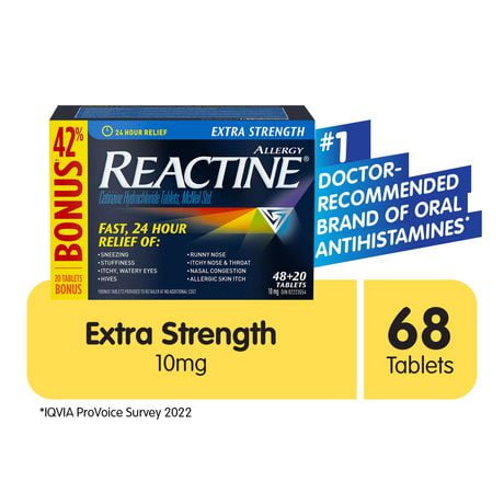 Reactine Extra Strength Antihistamine Tablets 10mg, 24 Hour Relief ...