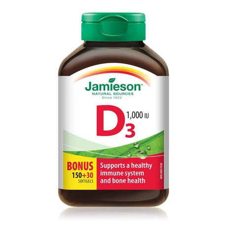 Jamieson Gélules Supérieure de Vitamine D3 1 000 UI 150 + 30 gélules