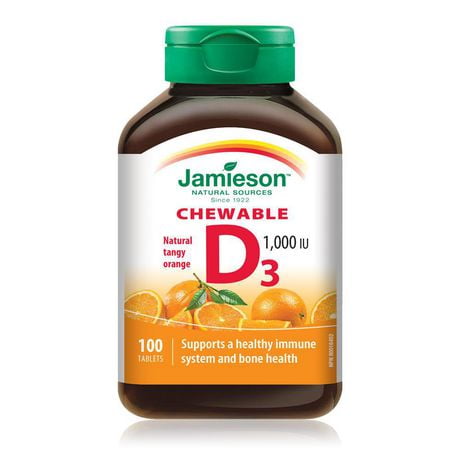 Jamieson Chewable Vitamin D3 1,000 IU Natural Tangy Orange Flavour, 100 chewable tablets