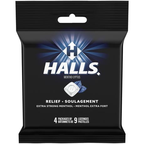 HALLS Extra Strong Menthol Cough Drops, Throat Lozenges, Sore Throat Relief, Mentho-Lyptus, 4 Packs of 9 Lozenges