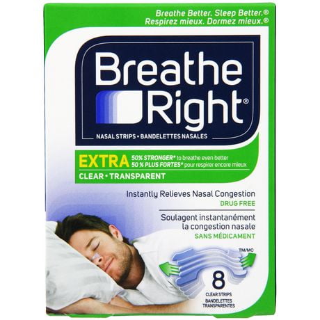 Breathe Right Bandelettes nasales Transparentes, Plus fortes | Soulage instantanément la congestion nasale | Sans médicament 8 bandelettes transparentes