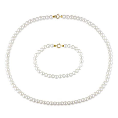 Ensemble de bracelet et collier pour jeune fille Cutie Pie Jewels avec perles d'eau douce cultivées 4-4,5mm en or jaune 10K