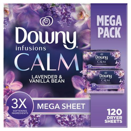 Downy Infusions Mega Dryer Sheets, Laundry Fabric Softener, CALM, Lavender and Vanilla Bean, 120CT