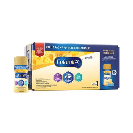 Enfamil A+ Baby Formula, Ready to Feed, Nipple-Ready Bottles, DHA (a type of Omega-3 fat) to help support brain development, Age 0-12 months, 237ml x 18 count, 18 X 237mL