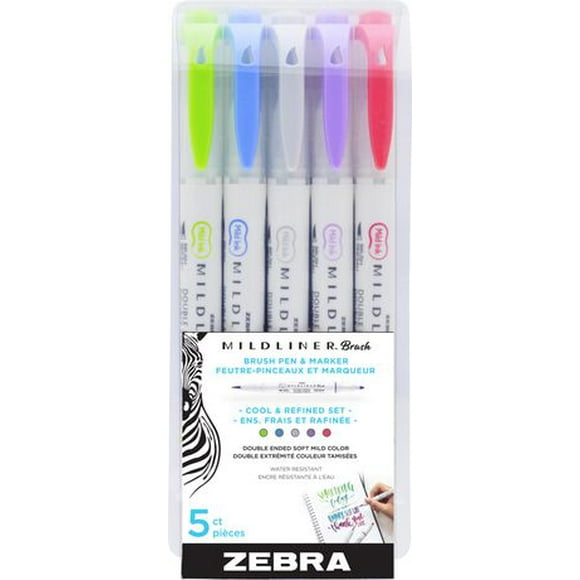 Mildliner Brush Pens, Cool & Refined, 5 Pack, Double-ended brush tip & fine marker